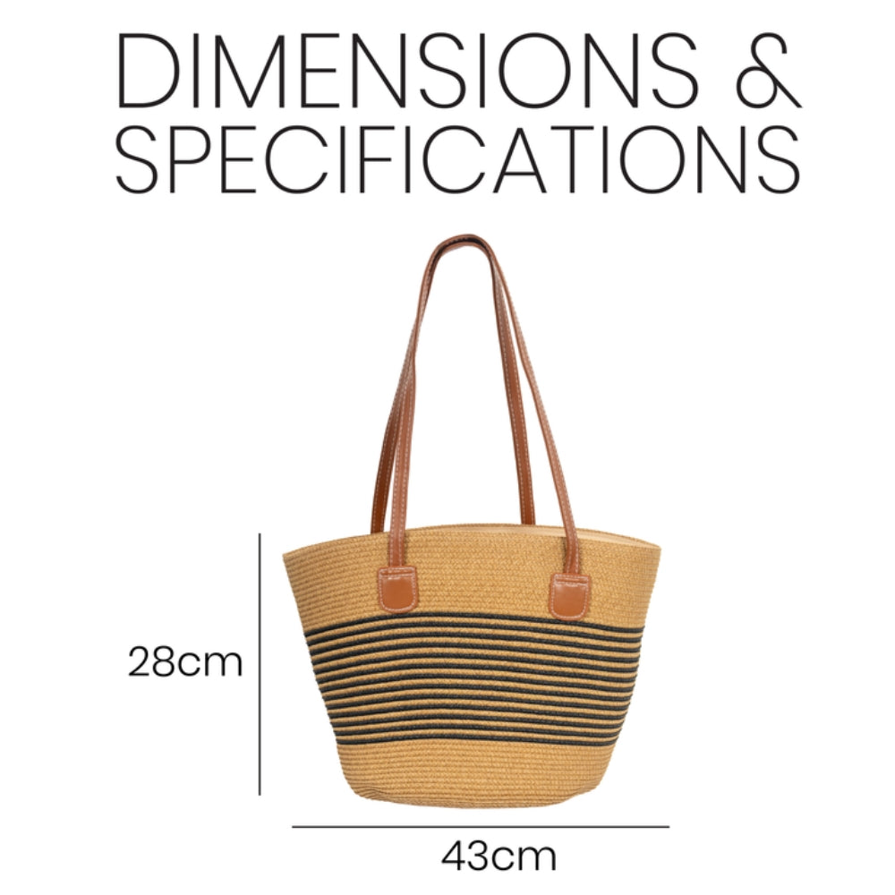 ZY-064 – حقيبة كتف من القش المنسوج | لون بني فاتح مع لمسات مخططة