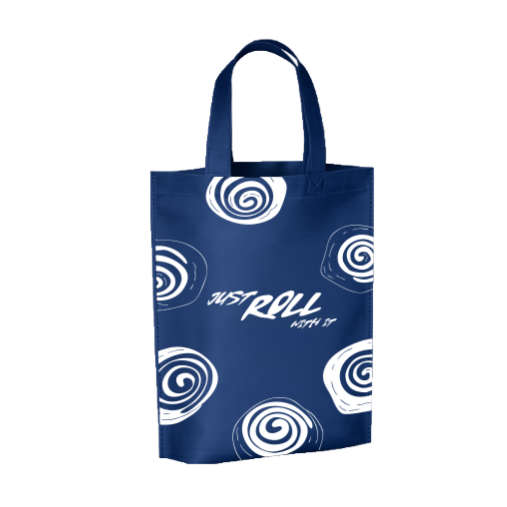 Bags Direct navy-blue bag with matching carry handles, white spiral motifs and centred white lettering reading “Just Roll With It.”