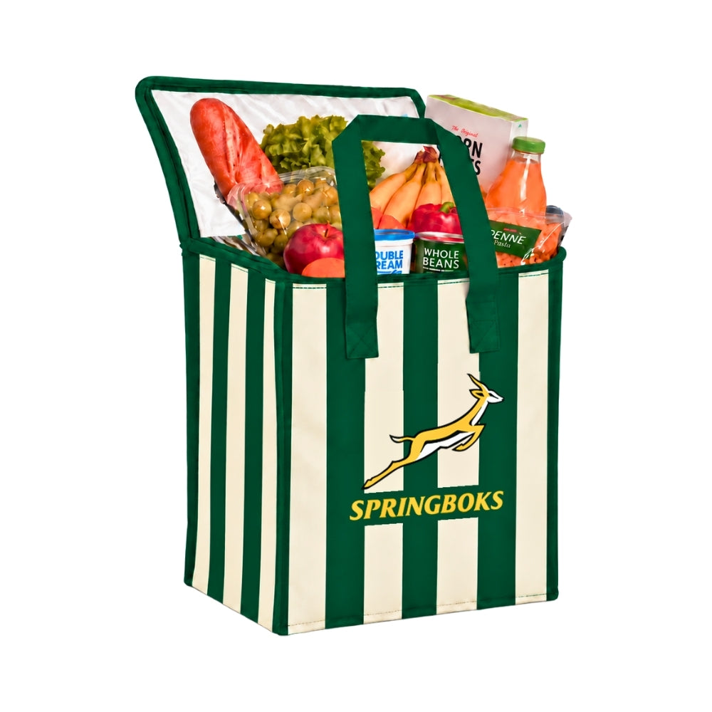 Bags Direct green and cream vertically striped Springboks cooler bag with green handles, a gold springbok emblem and an open silver-lined lid, filled with groceries.