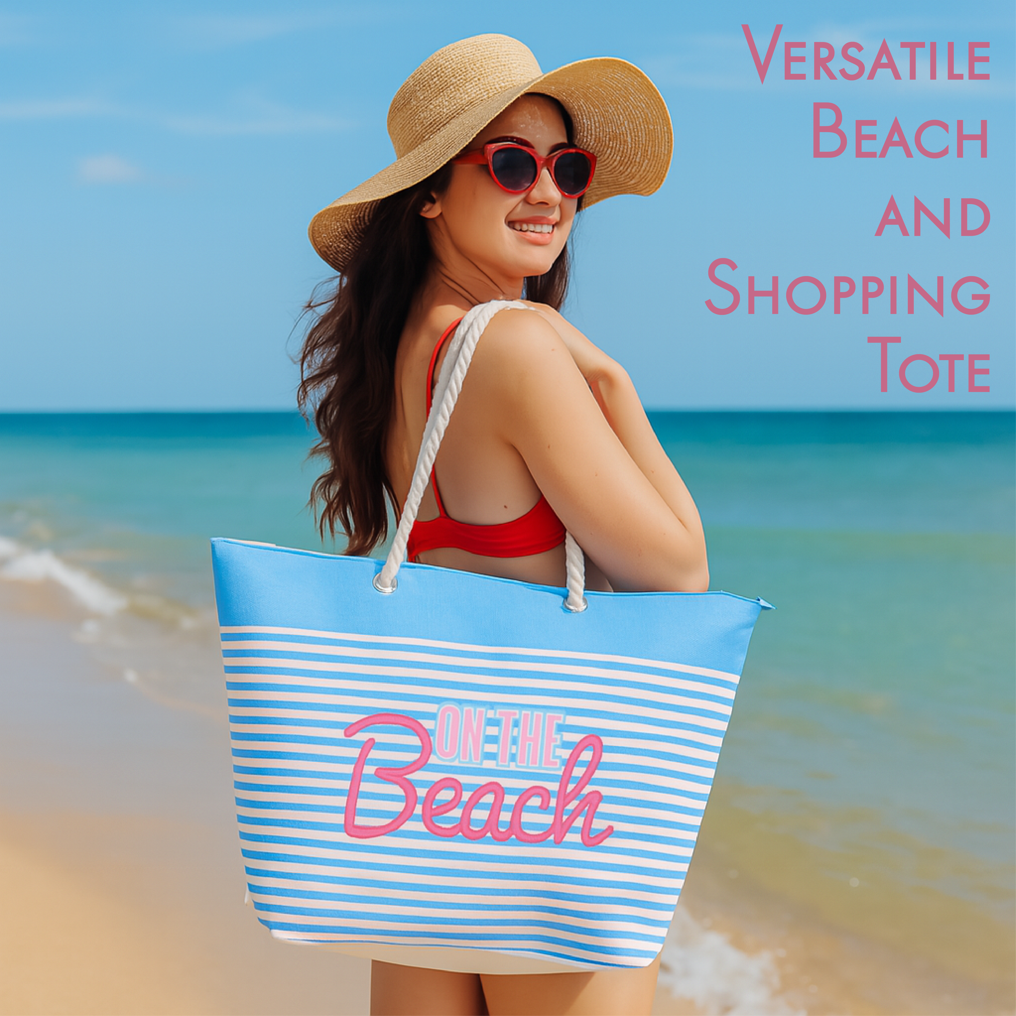 Bolso de playa de rayas con asas de cuerda