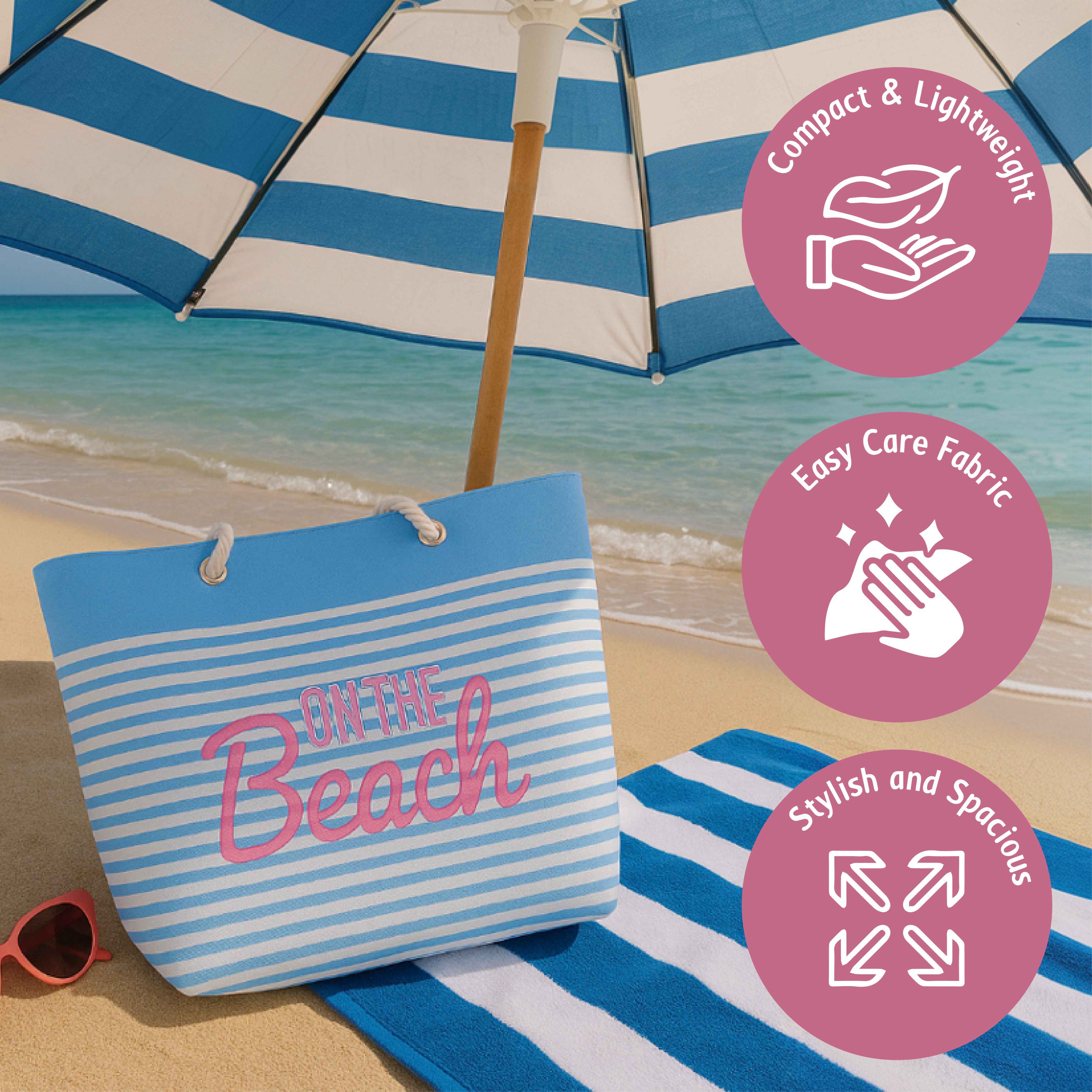 حقيبة شاطئ مخططة بمقابض حبلية