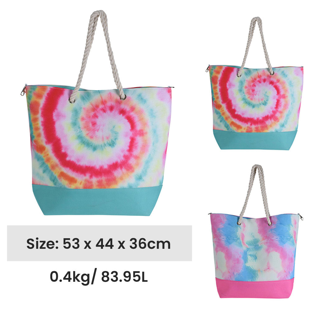 Beach Bag with Rope Handles and Magnetic Seal - Tie Dye Design