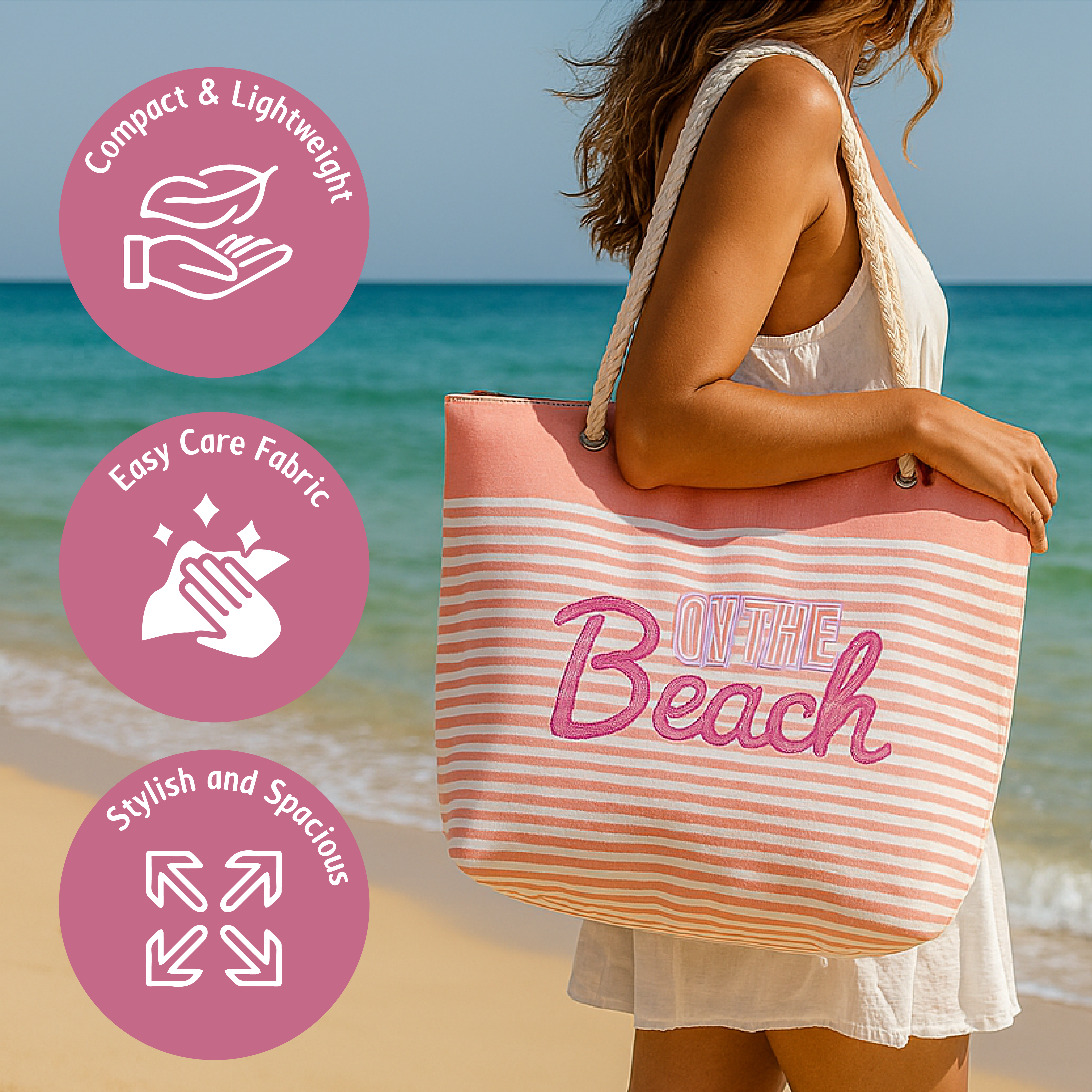 حقيبة شاطئ مخططة بمقابض حبلية