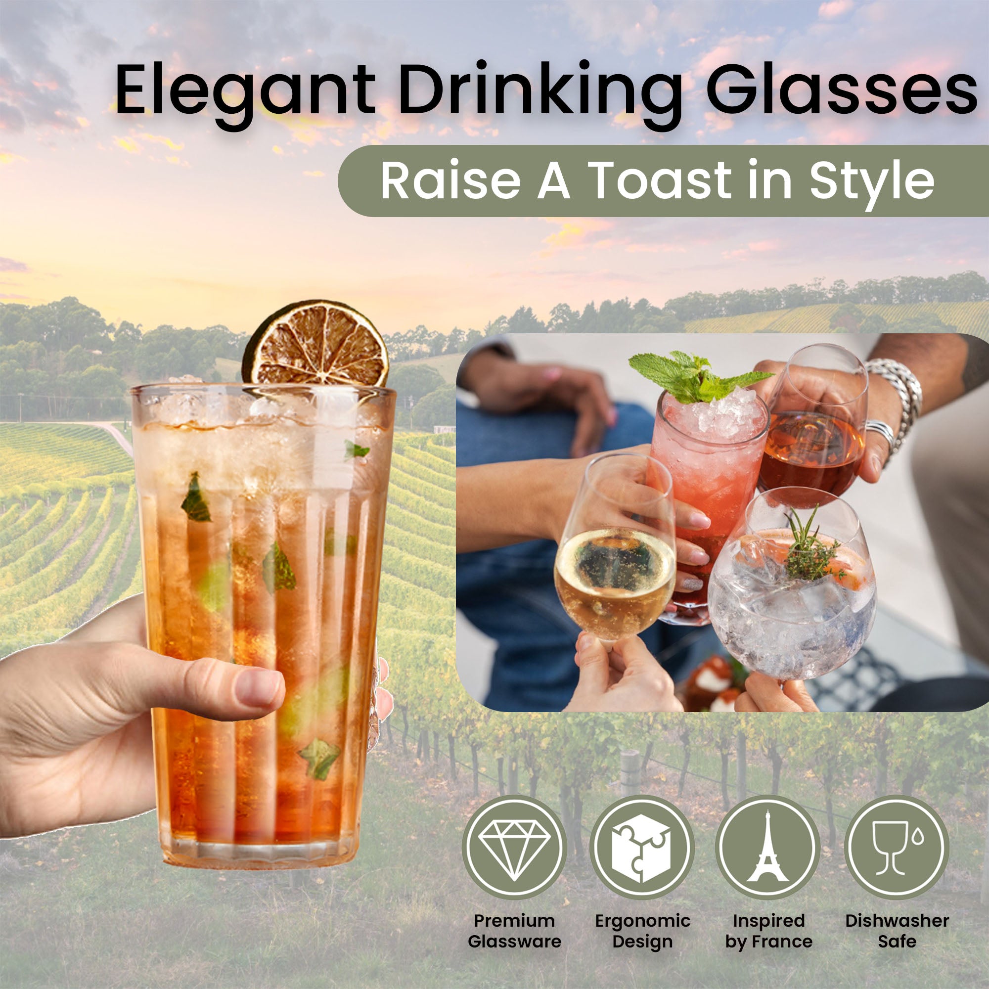 طقم أكواب شرب بتصميم خطوط الطراز القديم، مكون من قطعتين - 350 مل