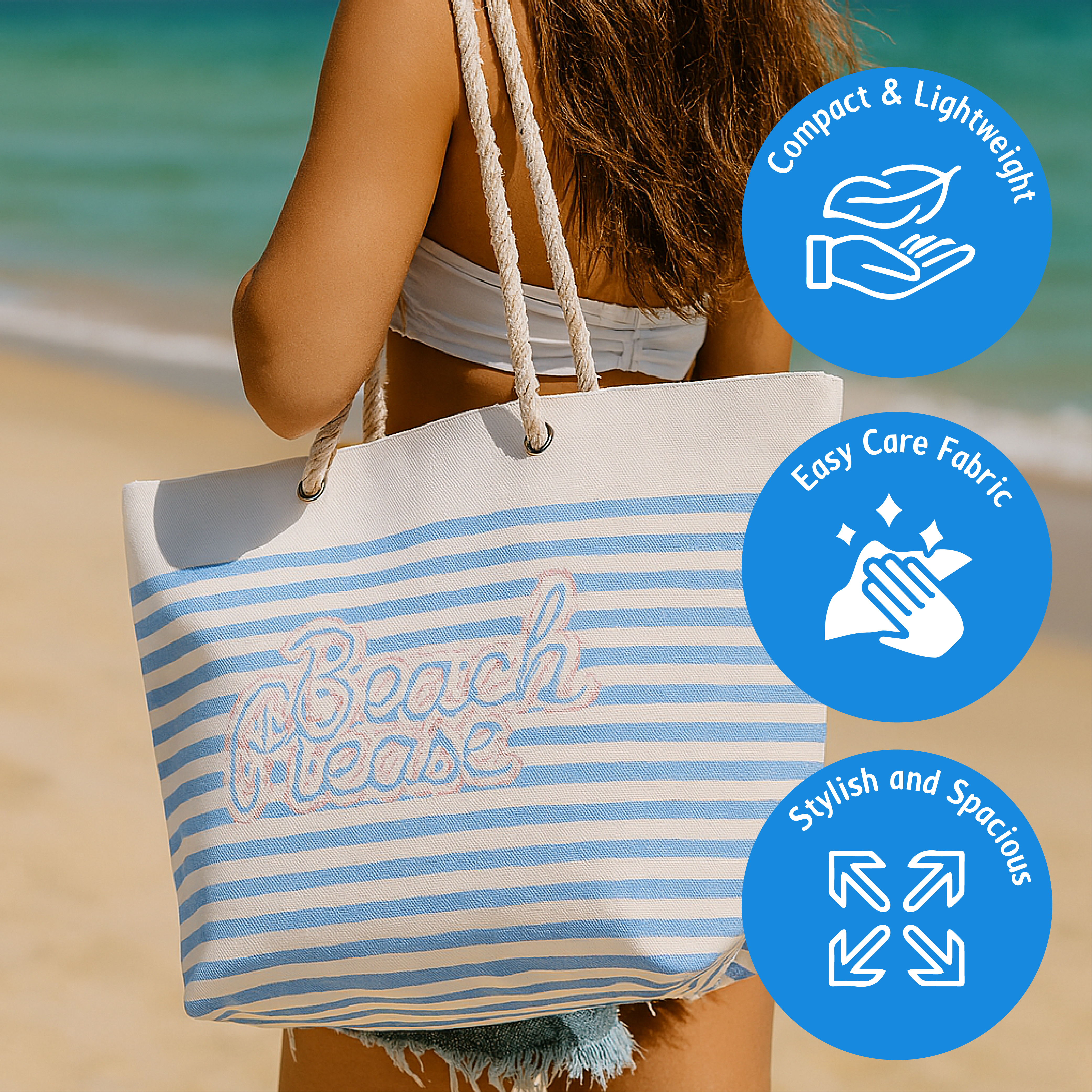 حقيبة شاطئ مخططة بمقابض حبلية