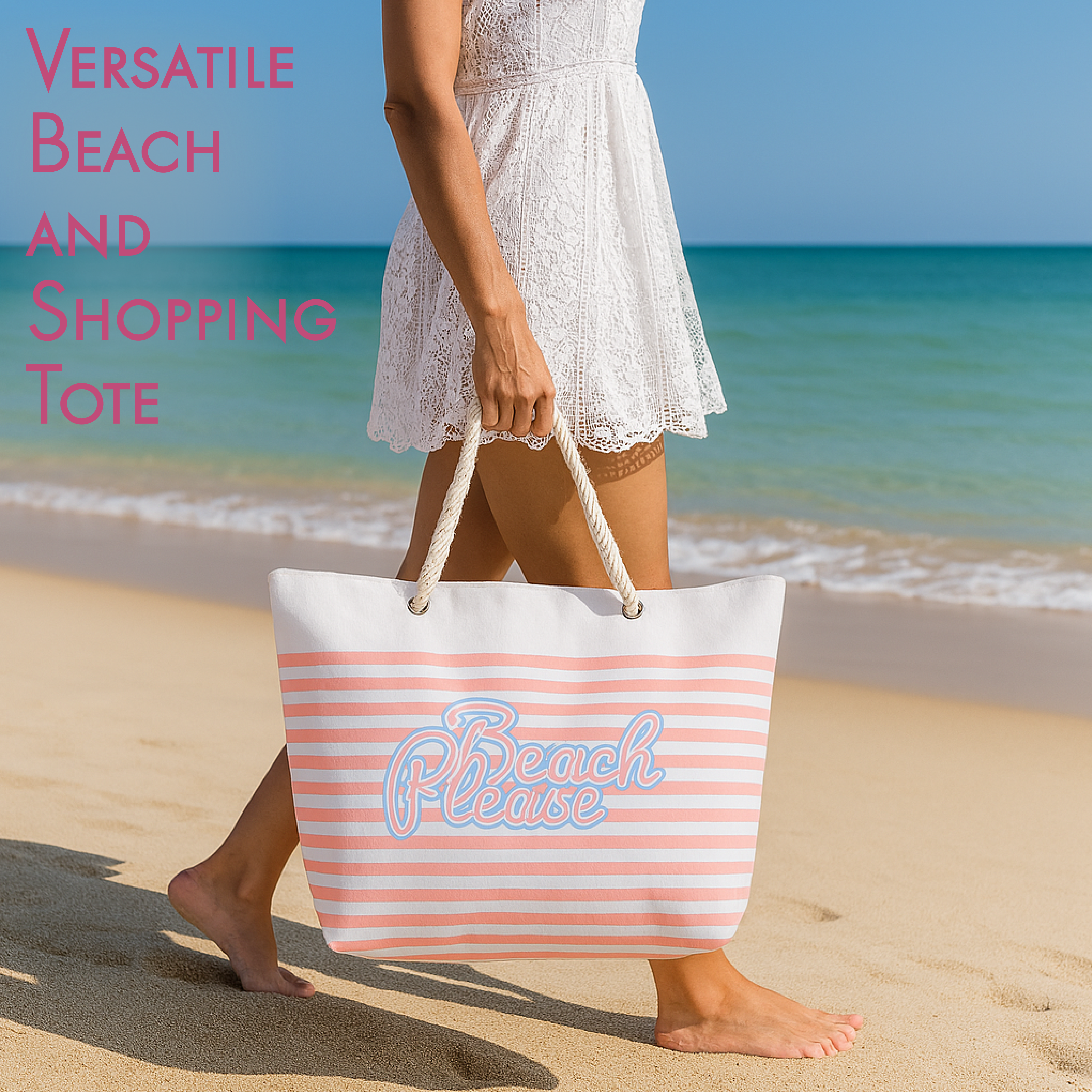 Bolso de playa de rayas con asas de cuerda