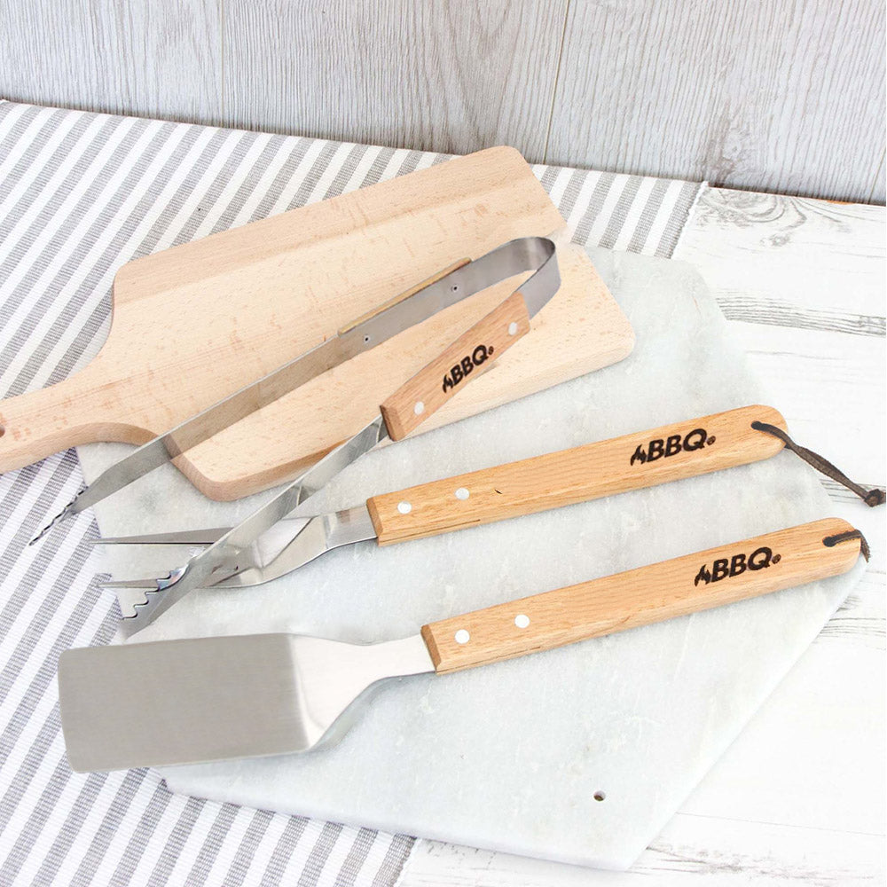 Barbecue Braai Tool Set - 3 Pieces - Chinese Hardwood & Stainless Steel