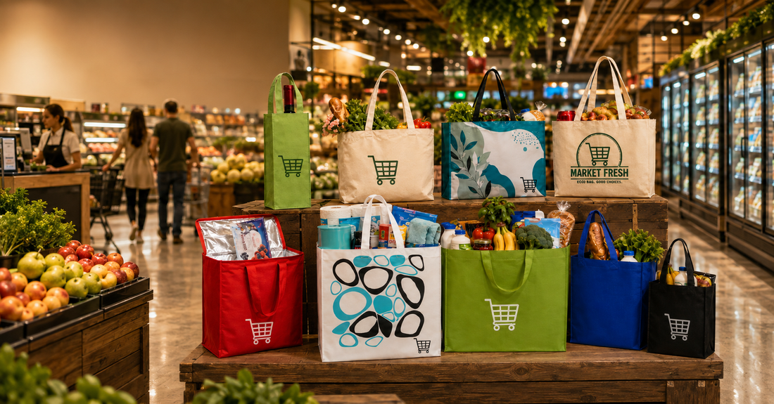 Nine reusable supermarket bags in different sizes and styles displayed with groceries, frozen food and bottles inside a modern supermarket.