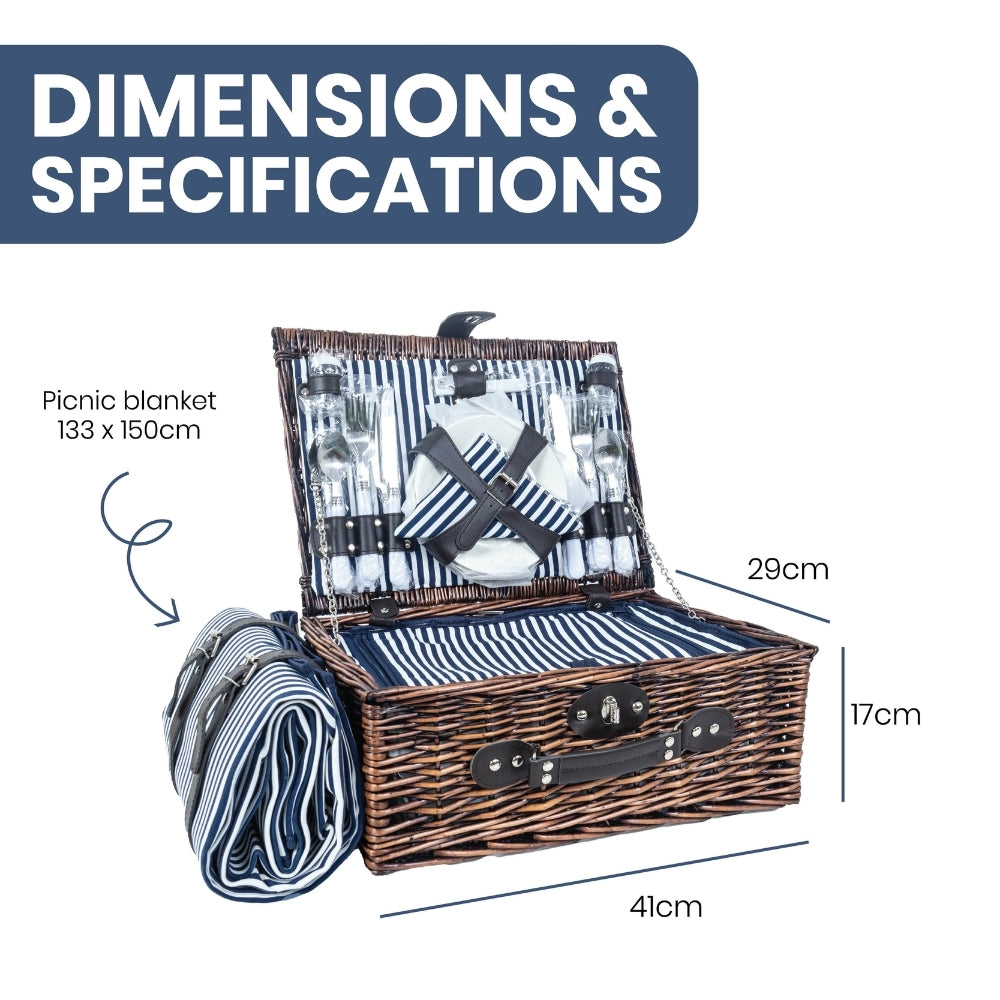 Classic Full Willow Wicker Basket – 4-Person Picnic Set with Blanket - Navy Stripes