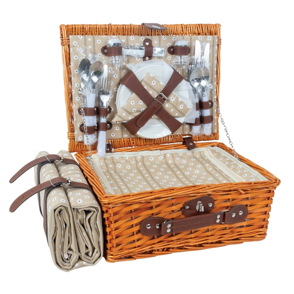Classic Full Willow Wicker Basket – 4-Person Picnic Set with Blanket - Sand Flower