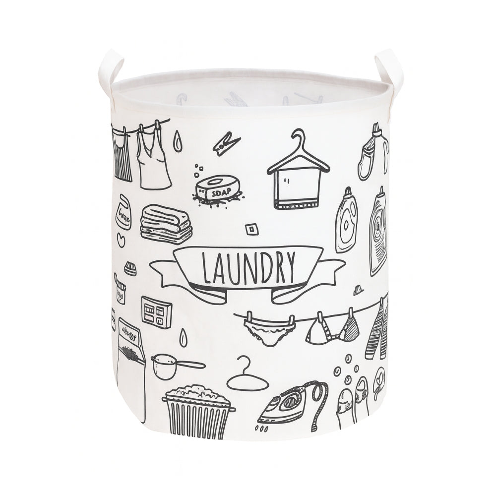 Laundry Basket & Laundry Bag – White Fabric Bag with Black Design Print - 3 Designs