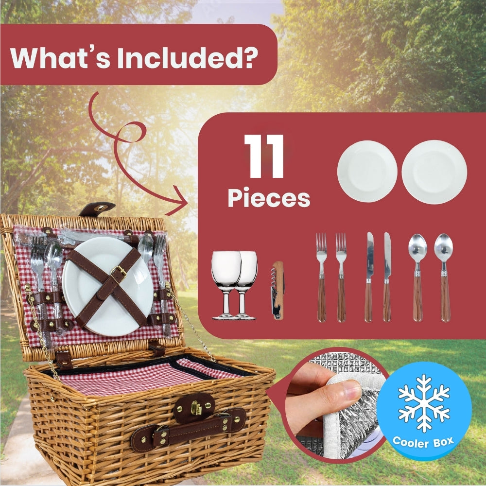 Compact 2-Person Wicker Picnic Basket Set - Red/Blue