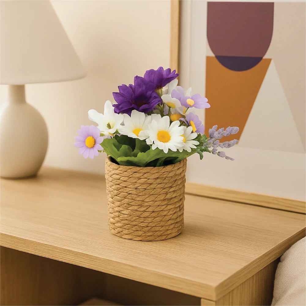 Artificial Flowers in Threaded Rope Basket – 3 Colour Variant Plants