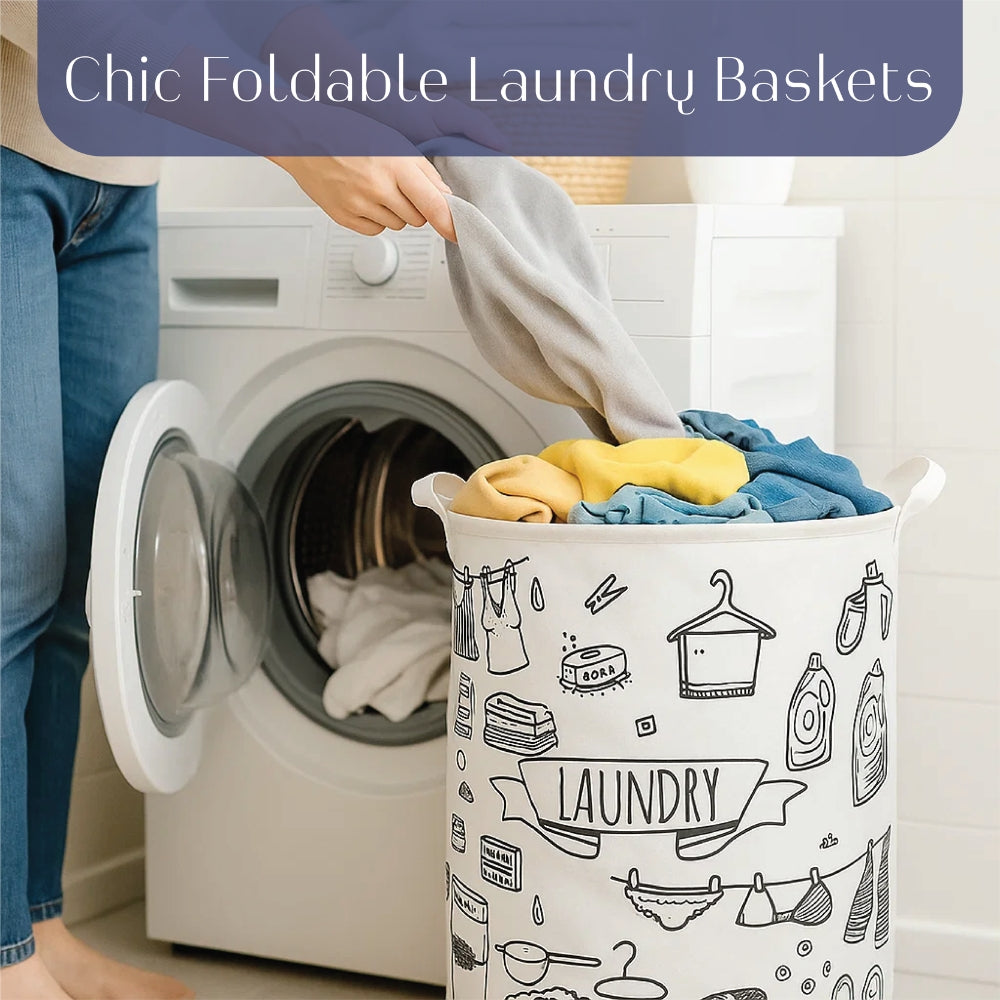 Laundry Basket & Laundry Bag – White Fabric Bag with Black Design Print - 3 Designs