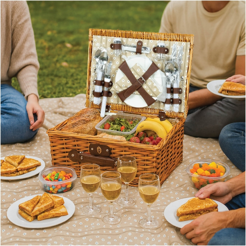 Classic Full Willow Wicker Basket – 4-Person Picnic Set with Blanket - Sand Flower