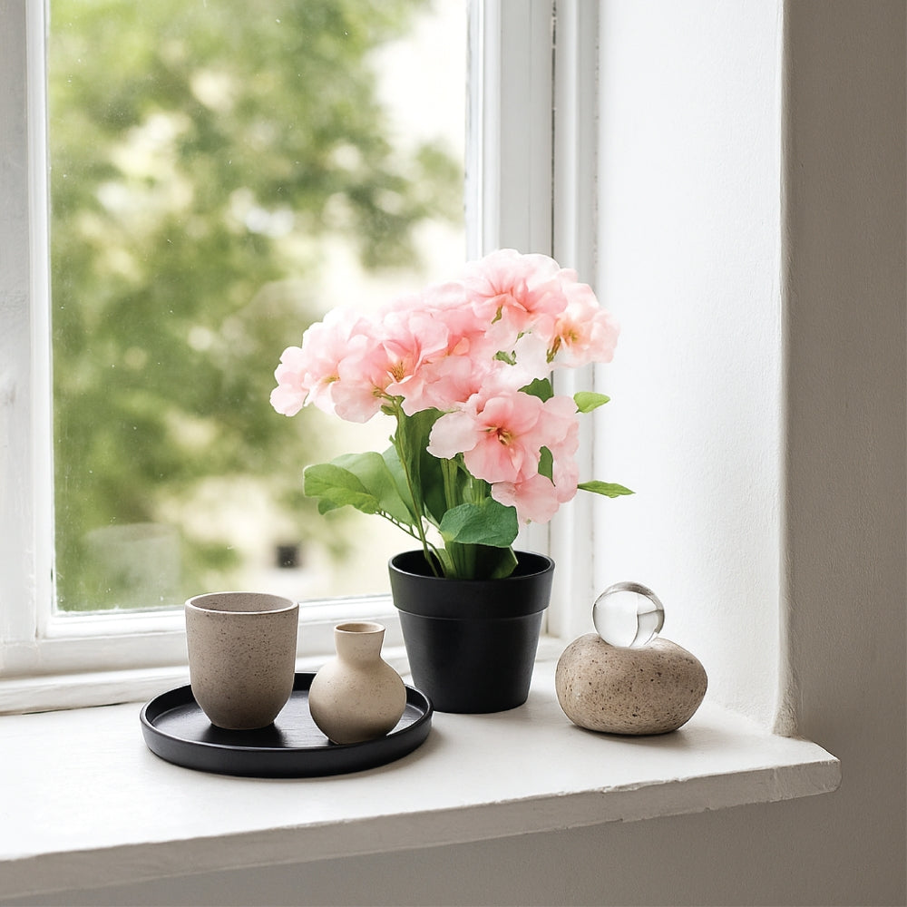 Small Artificial Plant Potted Flowers in Black Pot – 4 Colours