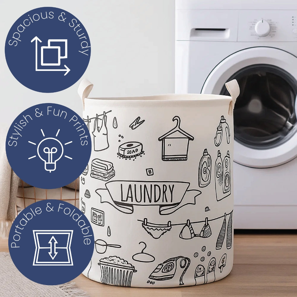 Laundry Basket & Laundry Bag – White Fabric Bag with Black Design Print - 3 Designs