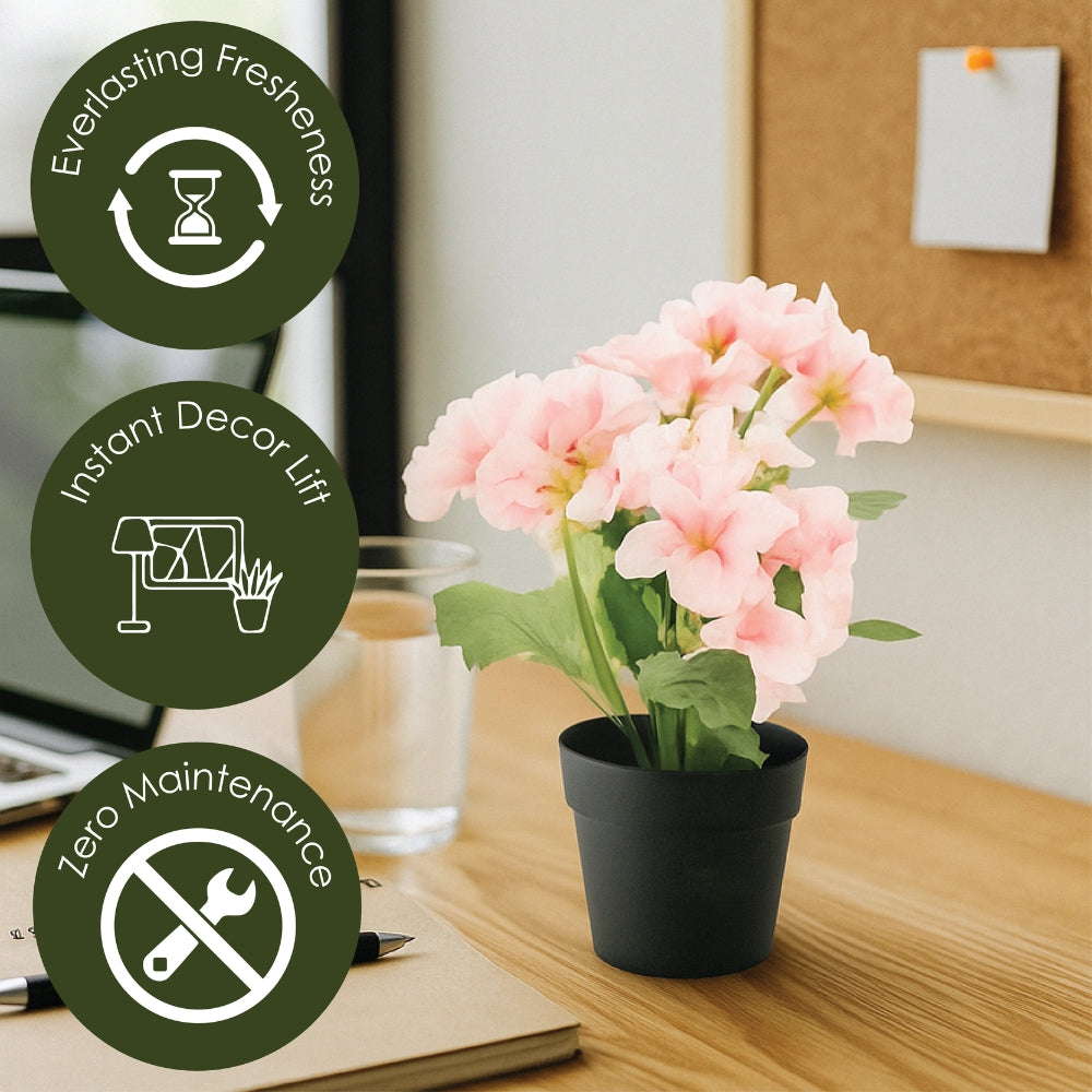 Small Artificial Plant Potted Flowers in Black Pot – 4 Colours