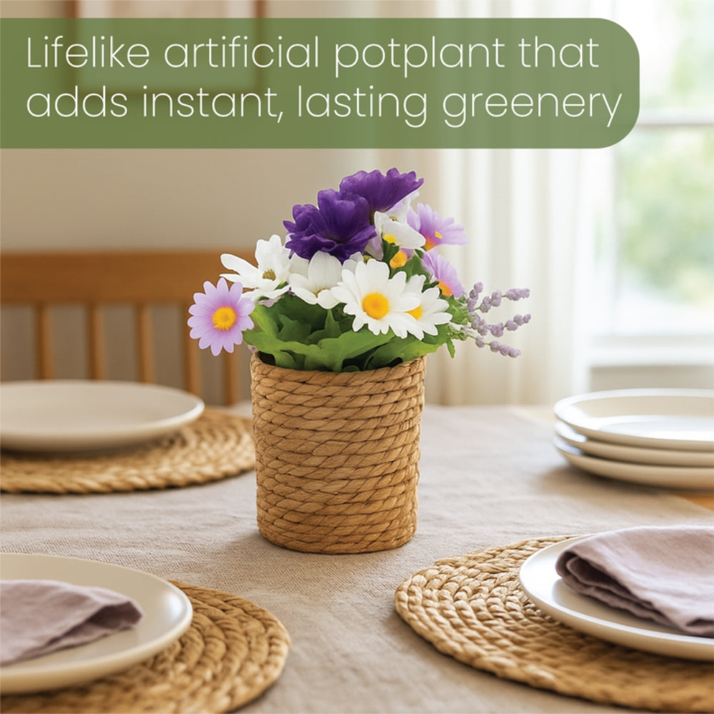 Artificial Flowers in Threaded Rope Basket – 3 Colour Variant Plants
