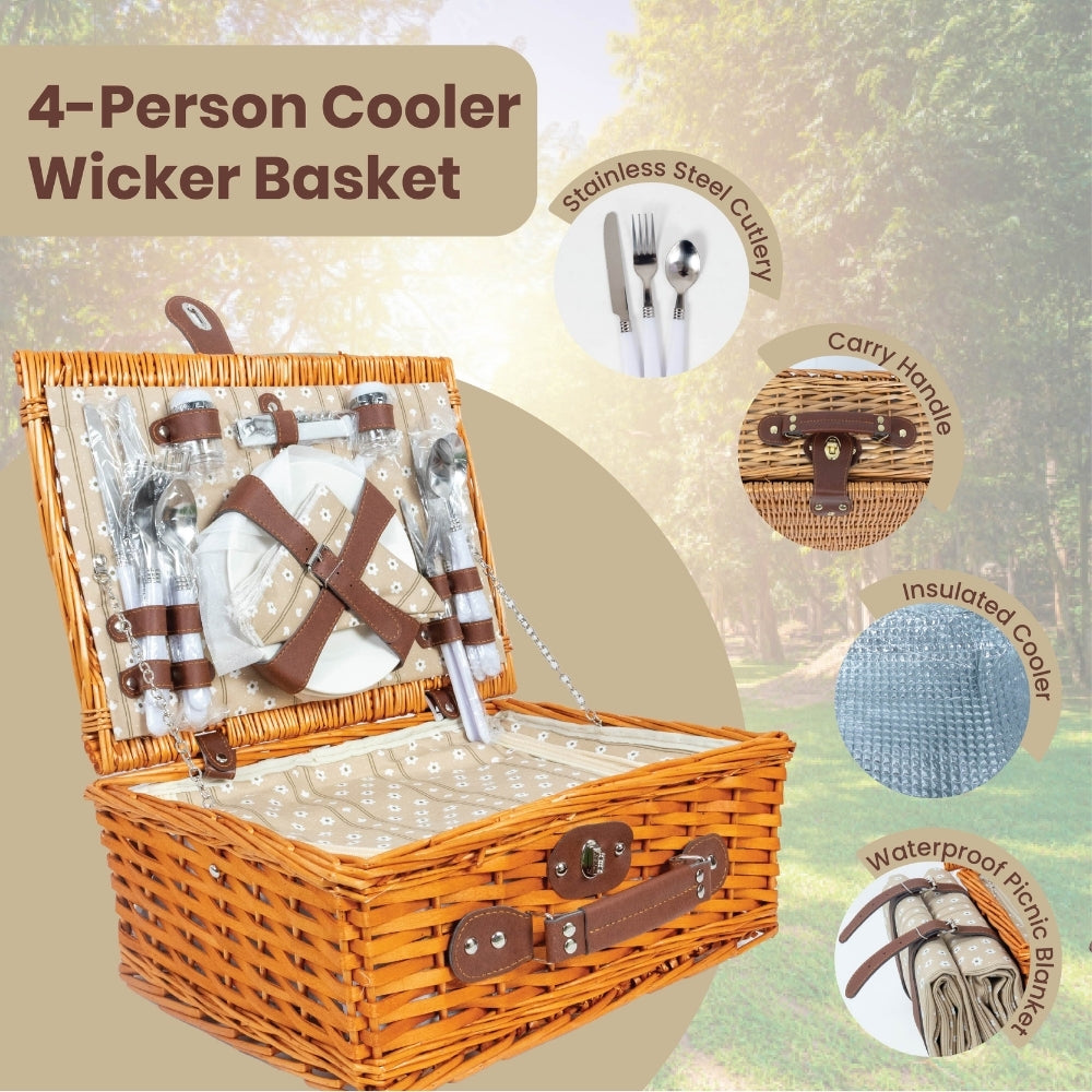 Classic Full Willow Wicker Basket – 4-Person Picnic Set with Blanket - Sand Flower