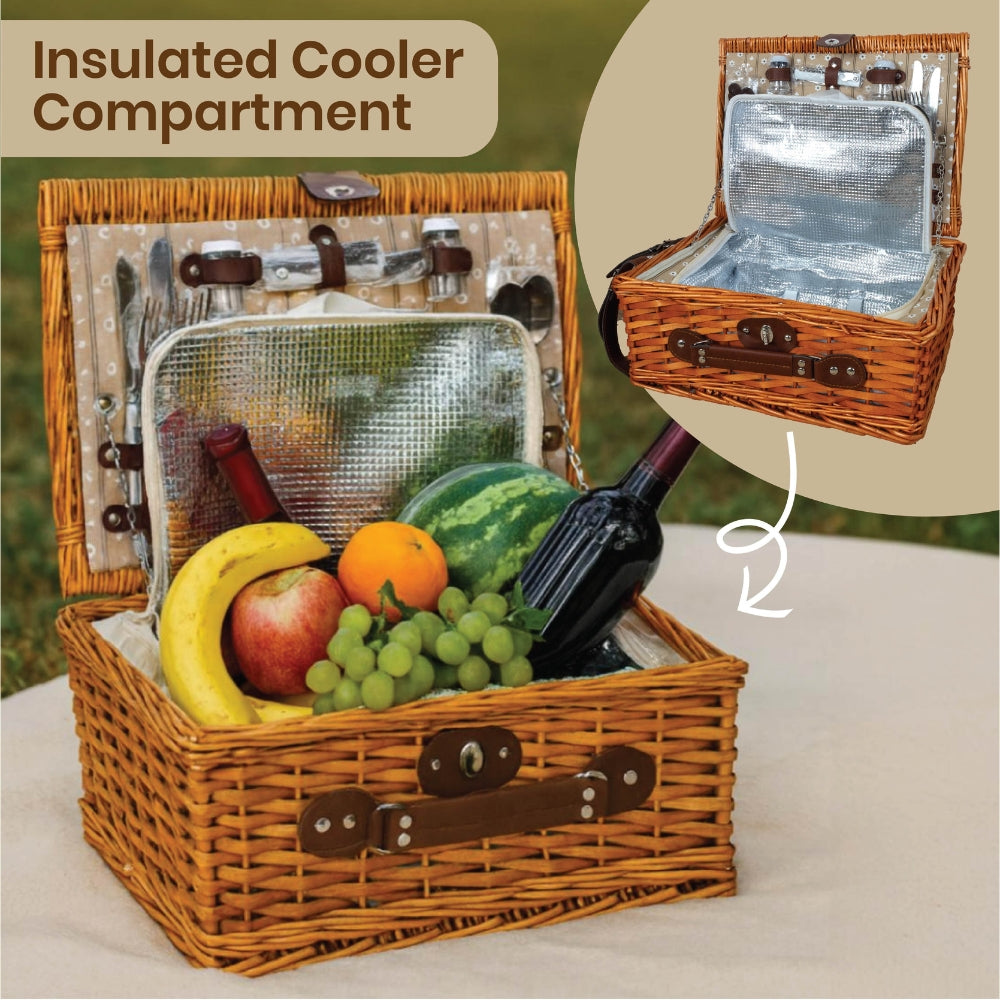 Classic Full Willow Wicker Basket – 4-Person Picnic Set with Blanket - Sand Flower