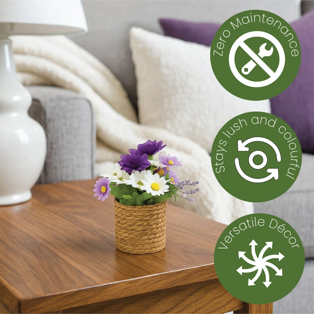 Artificial Flowers in Threaded Rope Basket – 3 Colour Variant Plants