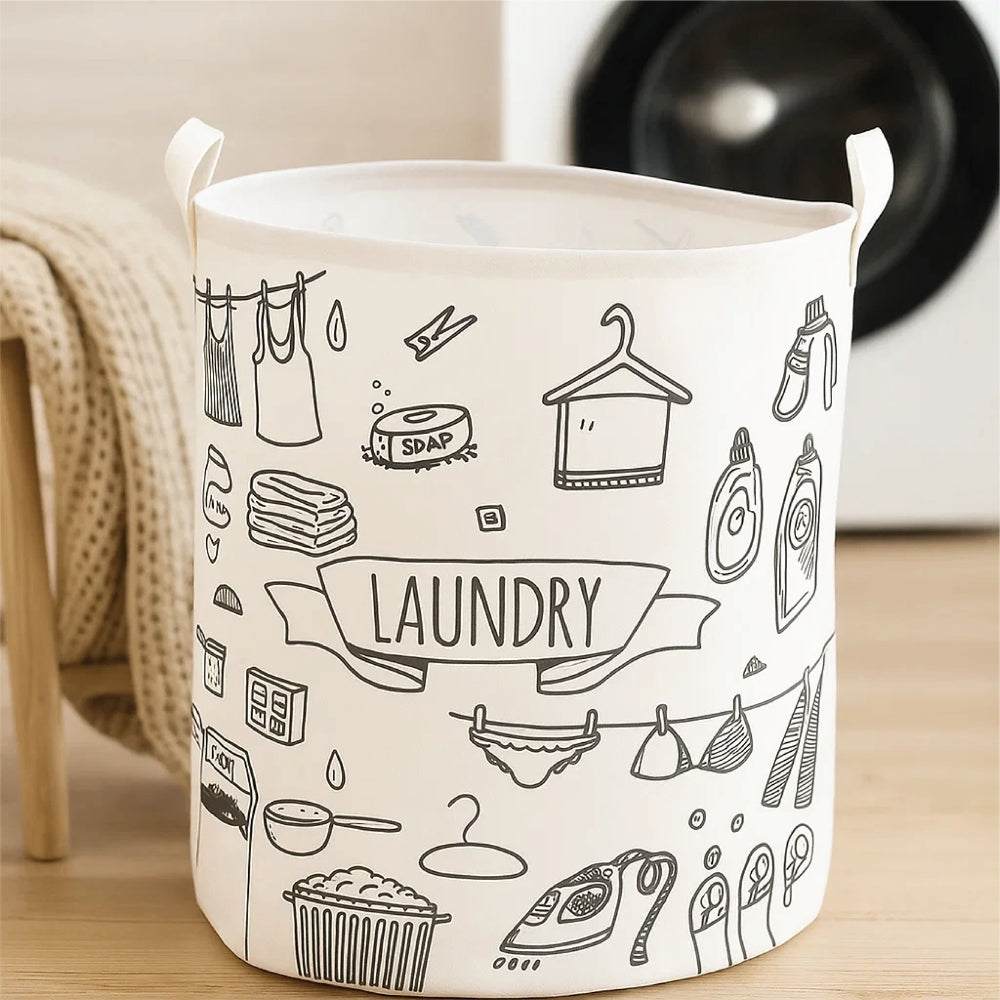 Laundry Basket & Laundry Bag – White Fabric Bag with Black Design Print - 3 Designs