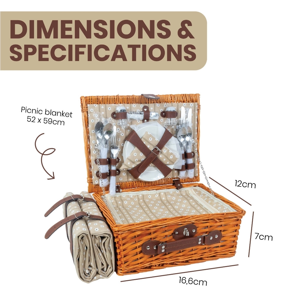Classic Full Willow Wicker Basket – 4-Person Picnic Set with Blanket - Sand Flower