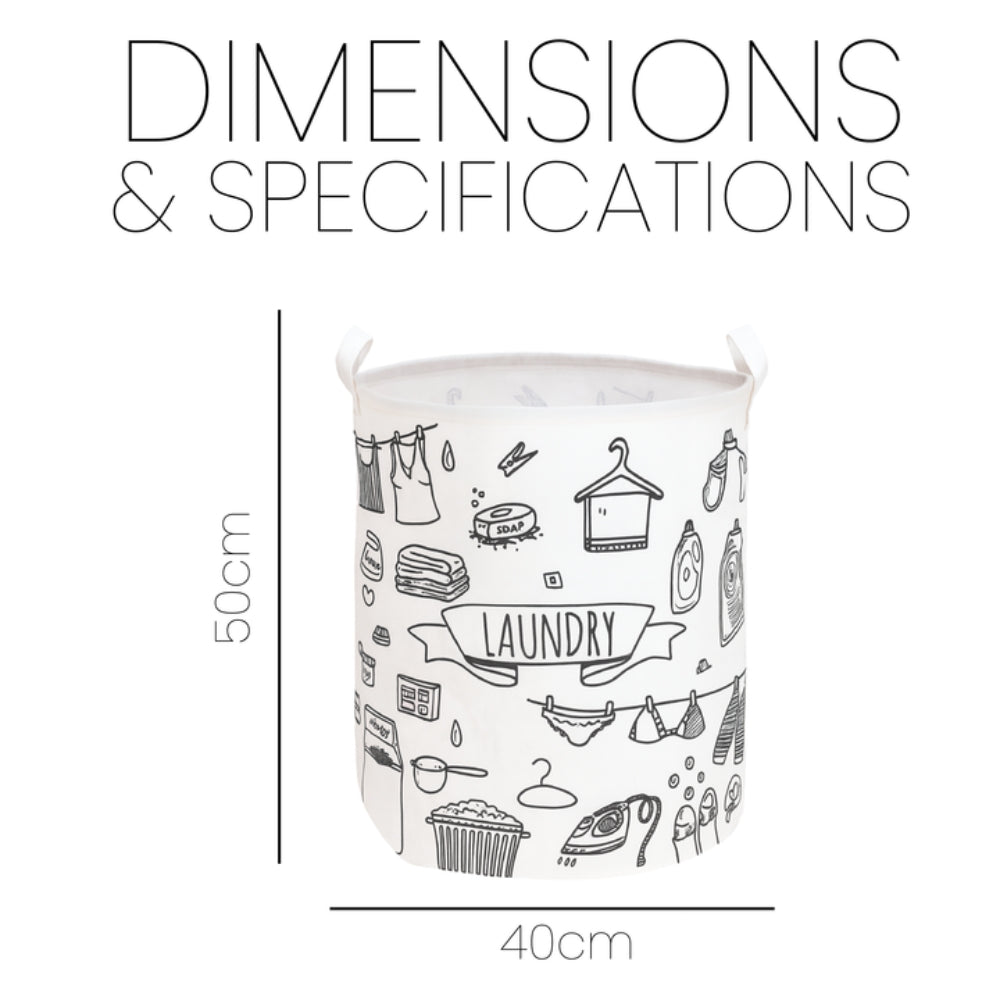 Laundry Basket & Laundry Bag – White Fabric Bag with Black Design Print - 3 Designs