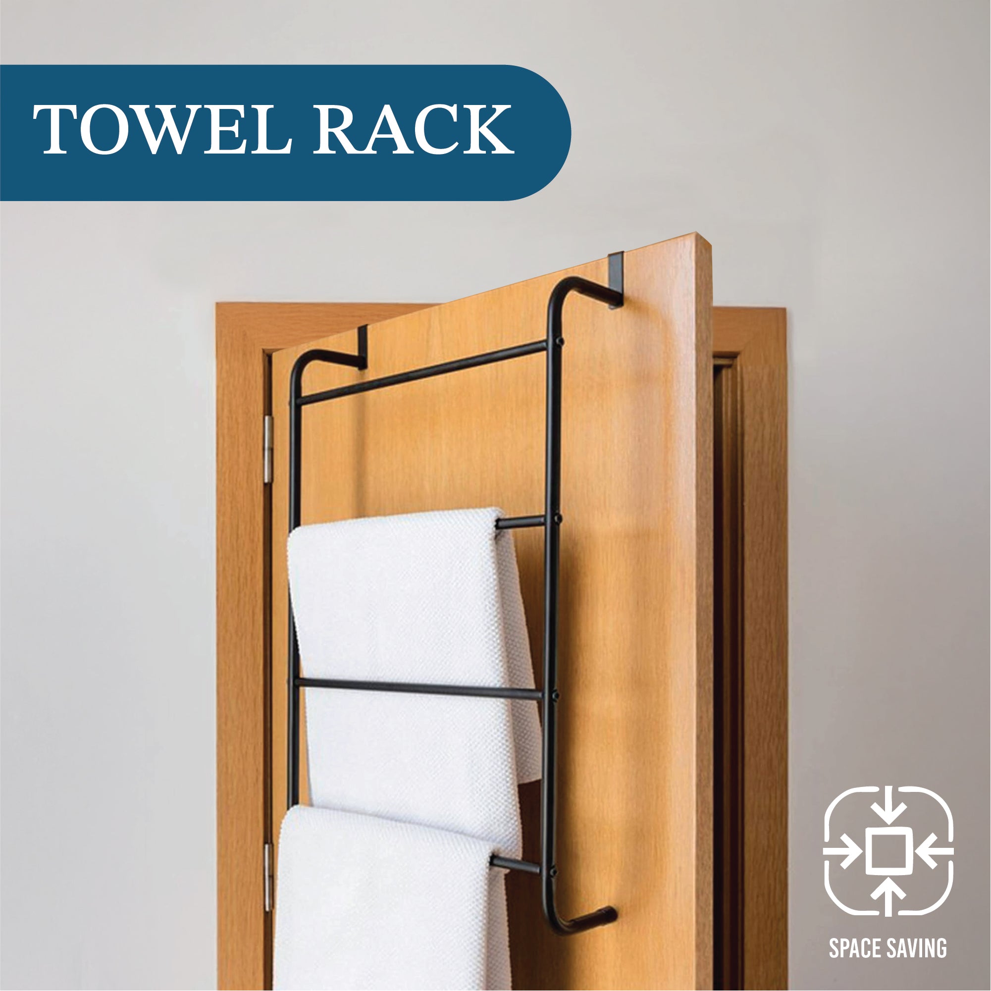 Steel Towel Rack - Over the door - 4 Towels, Black Bathroom Towel Organizer