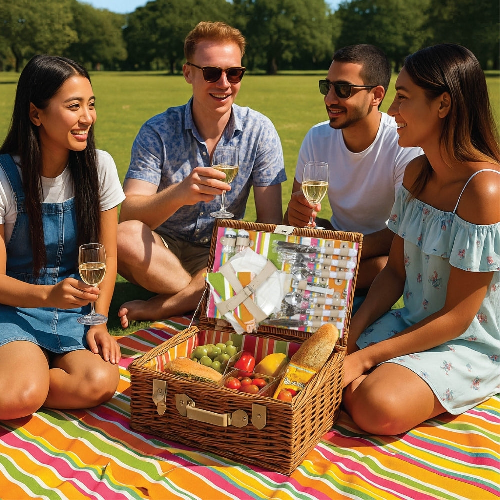 Classic Full Willow Wicker Basket – 4-Person Picnic Set with Blanket - Orange Stripes