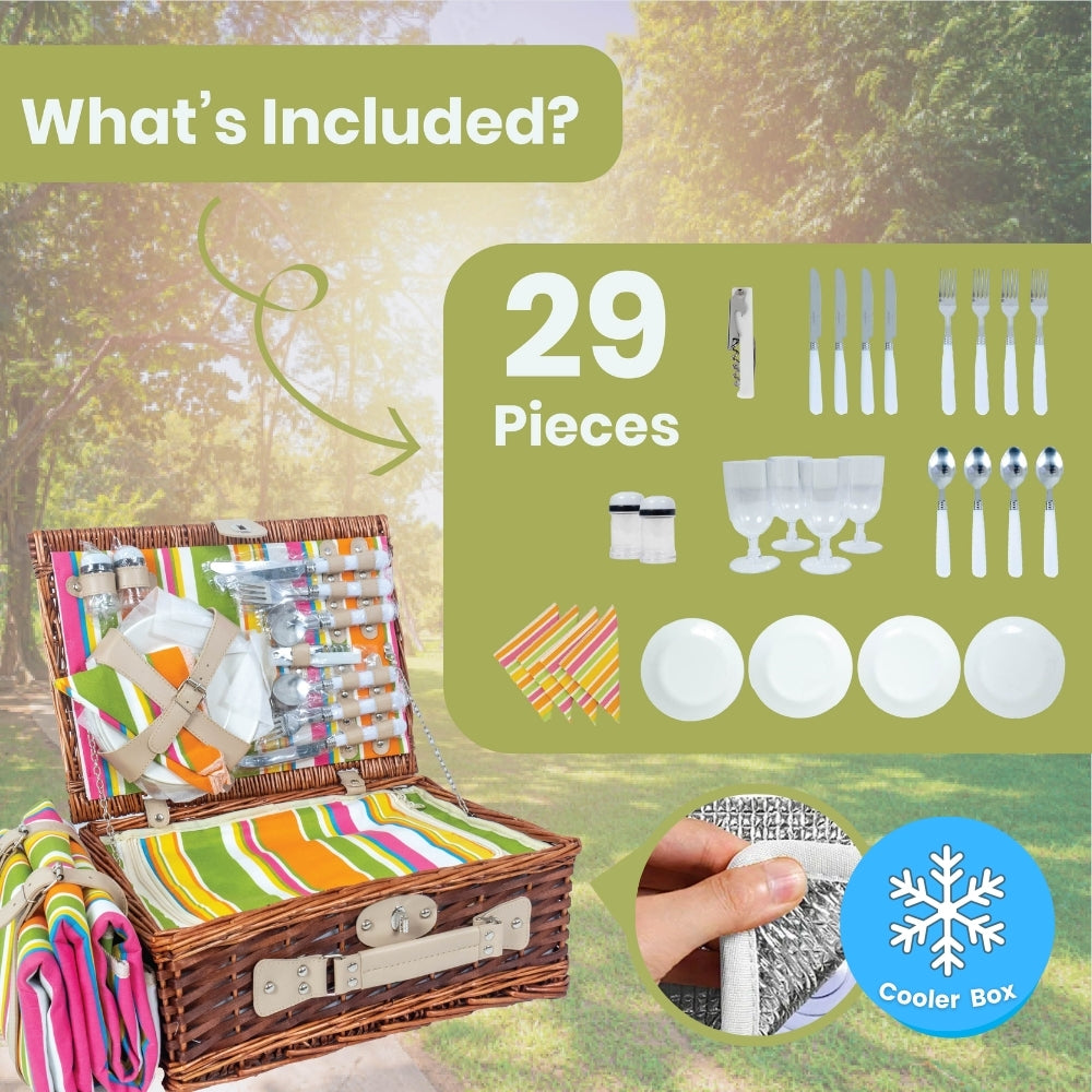 Classic Full Willow Wicker Basket – 4-Person Picnic Set with Blanket - Orange Stripes