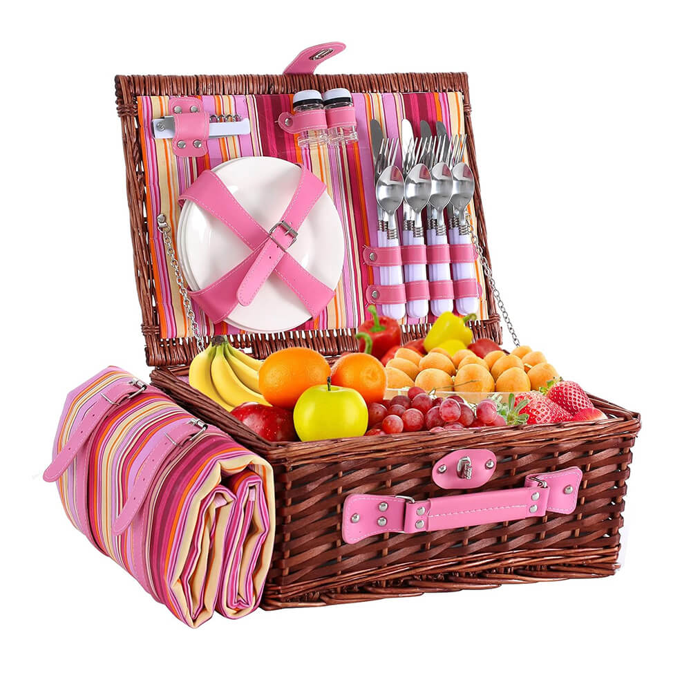 Wicker Picnic Basket with Cooler Bag for 4 Person- Checkered Design