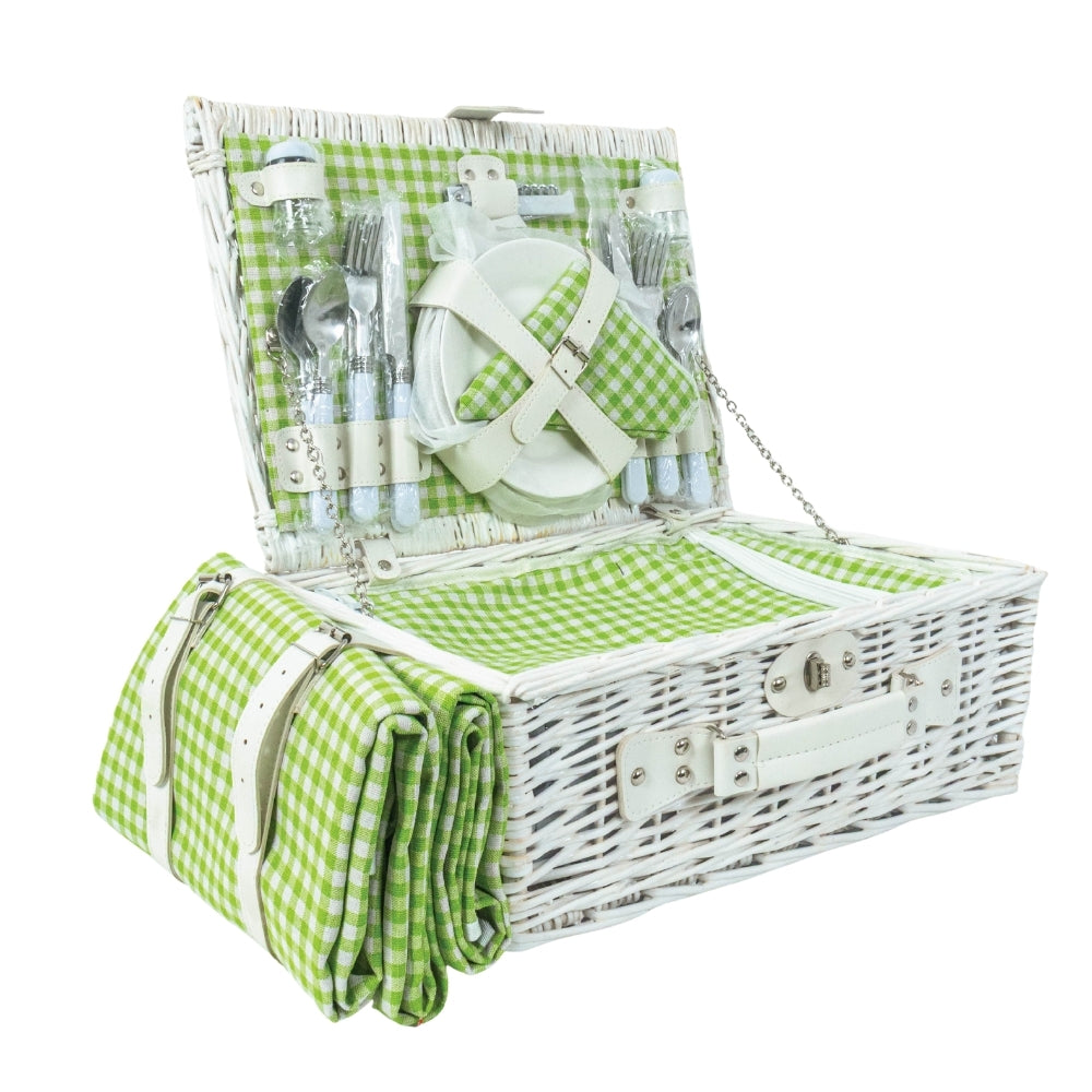 Classic Full Willow Wicker Basket – 4-Person Picnic Set with Blanket - Green Check