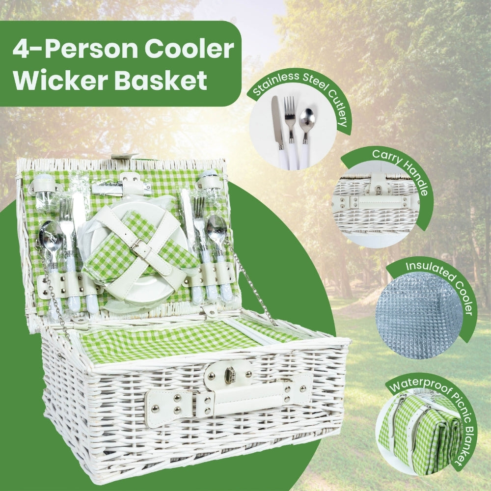 Classic Full Willow Wicker Basket – 4-Person Picnic Set with Blanket - Green Check