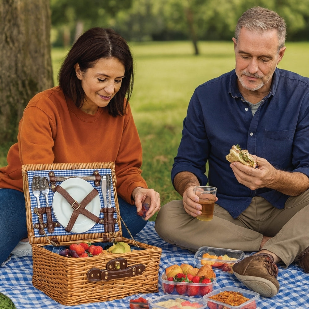 Compact 2-Person Wicker Picnic Basket Set - Red/Blue