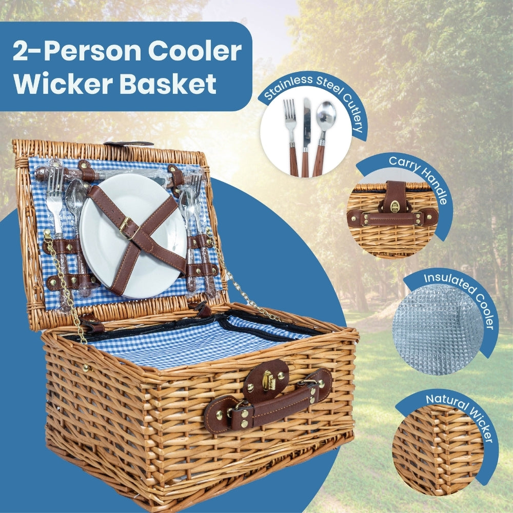 Compact 2-Person Wicker Picnic Basket Set - Red/Blue