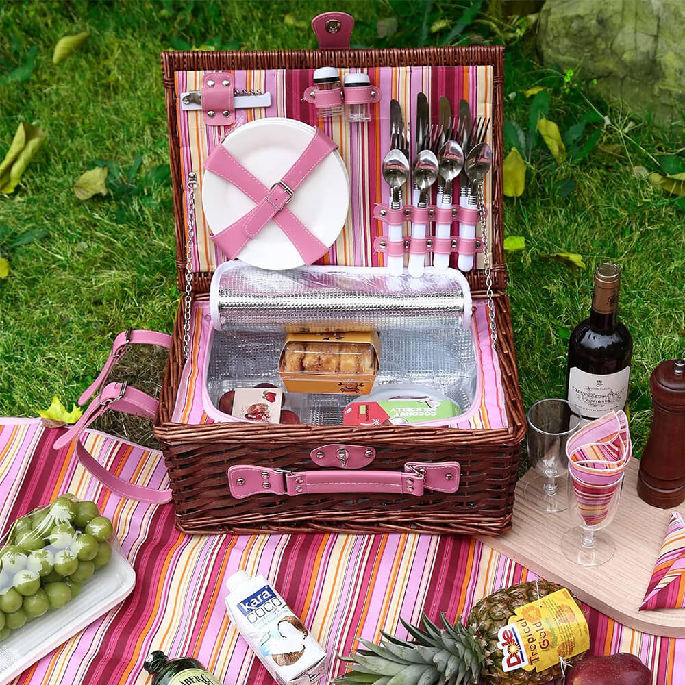 Wicker Picnic Basket with Cooler Bag for 4 Person- Checkered Design