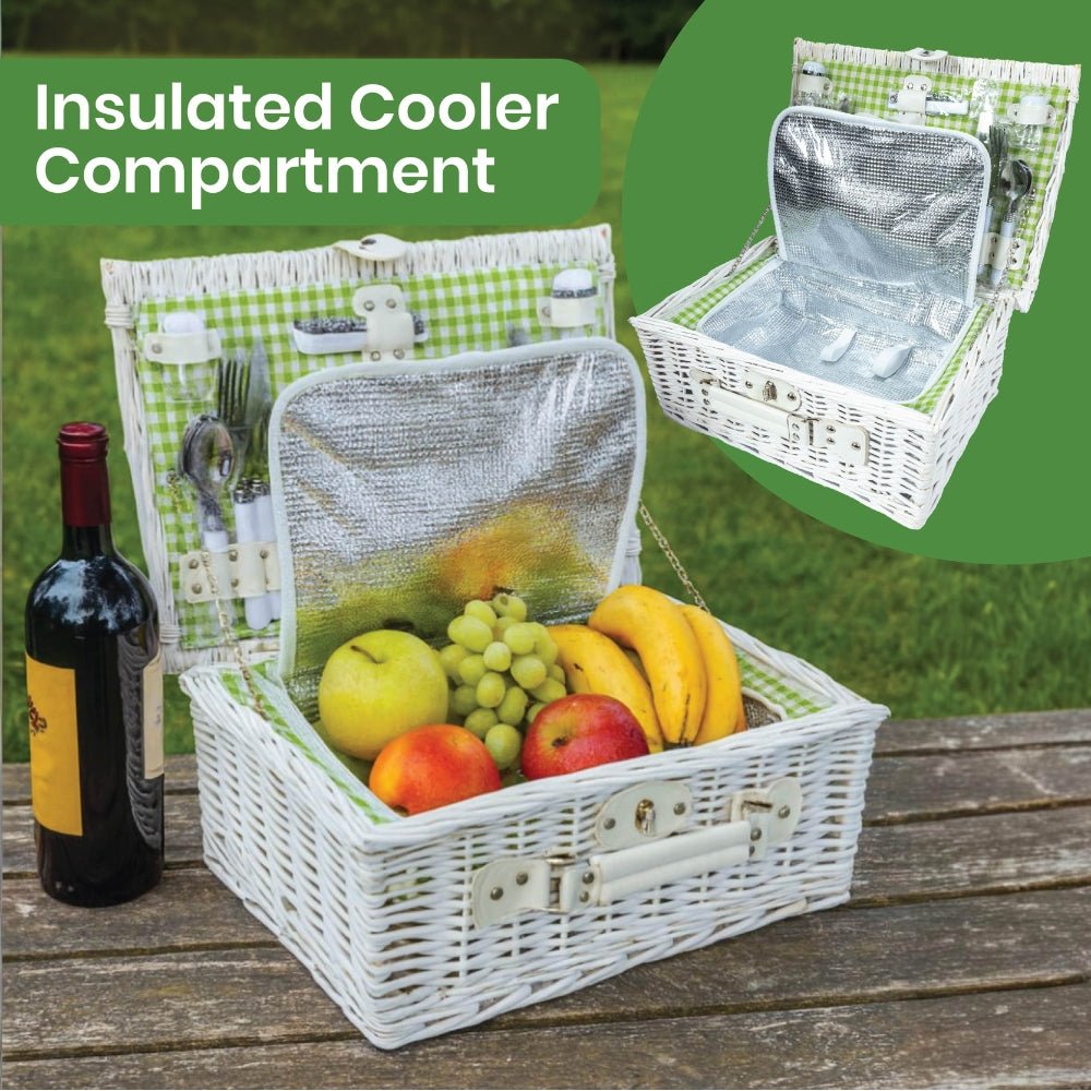 Classic Full Willow Wicker Basket – 4-Person Picnic Set with Blanket - Green Check