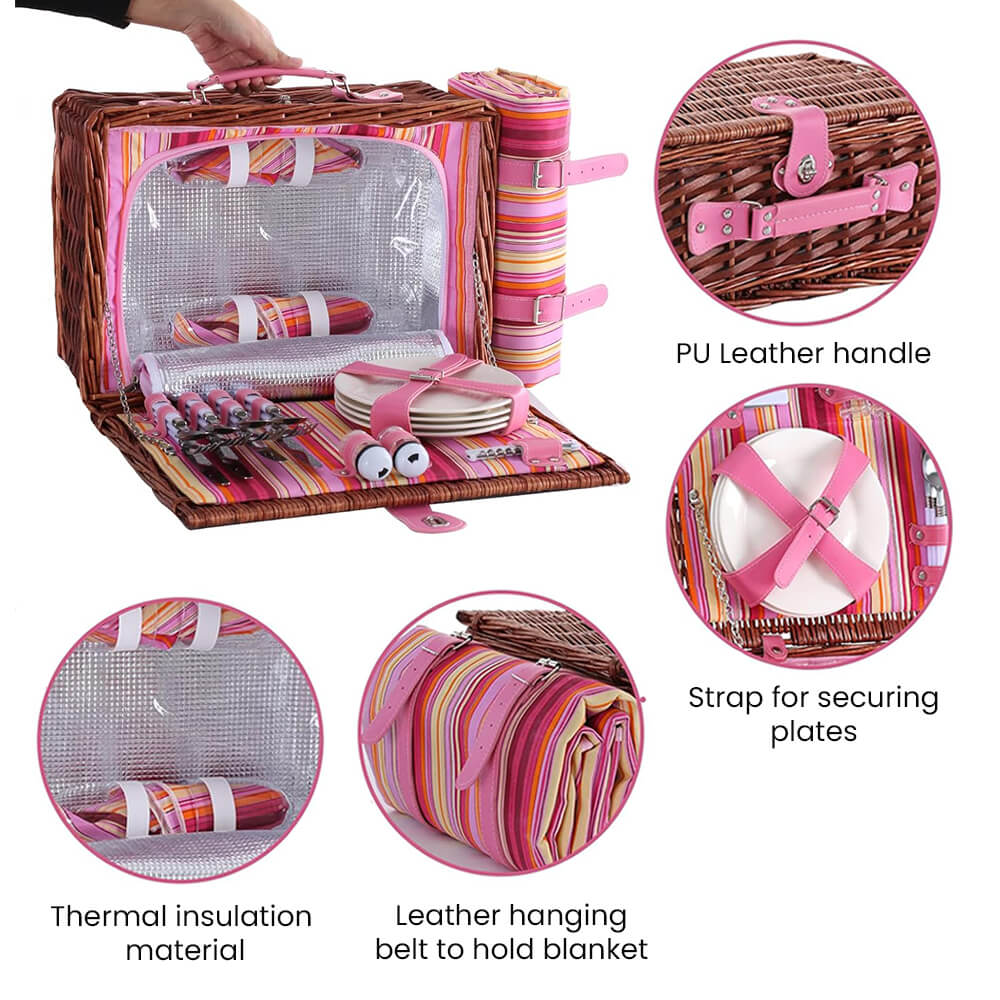 Wicker Picnic Basket with Cooler Bag for 4 Person- Checkered Design
