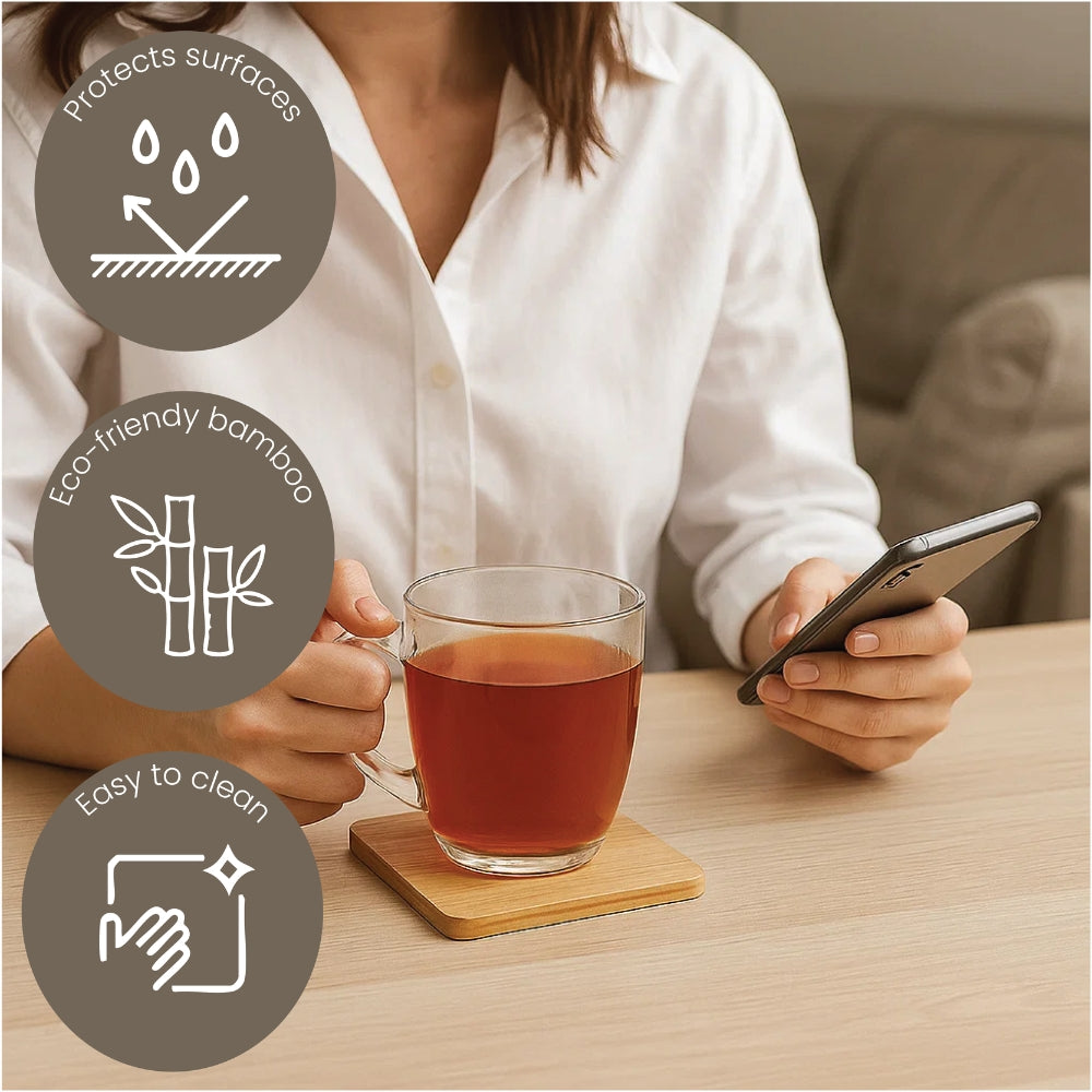 Premium Bamboo Coasters for Drinks – 4 Piece Set, Round or Square Styles