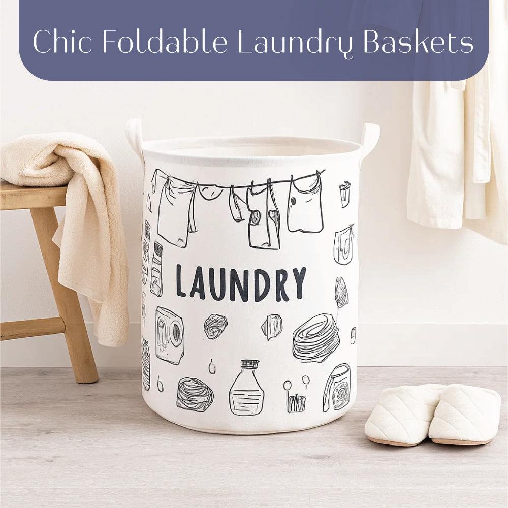 Laundry Basket & Laundry Bag – White Fabric Bag with Black Design Print - 3 Designs