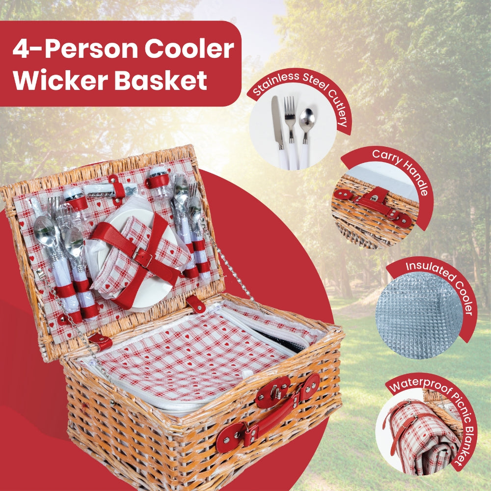 Classic Full Willow Wicker Basket – 4-Person Picnic Set with Blanket - Red Hearts