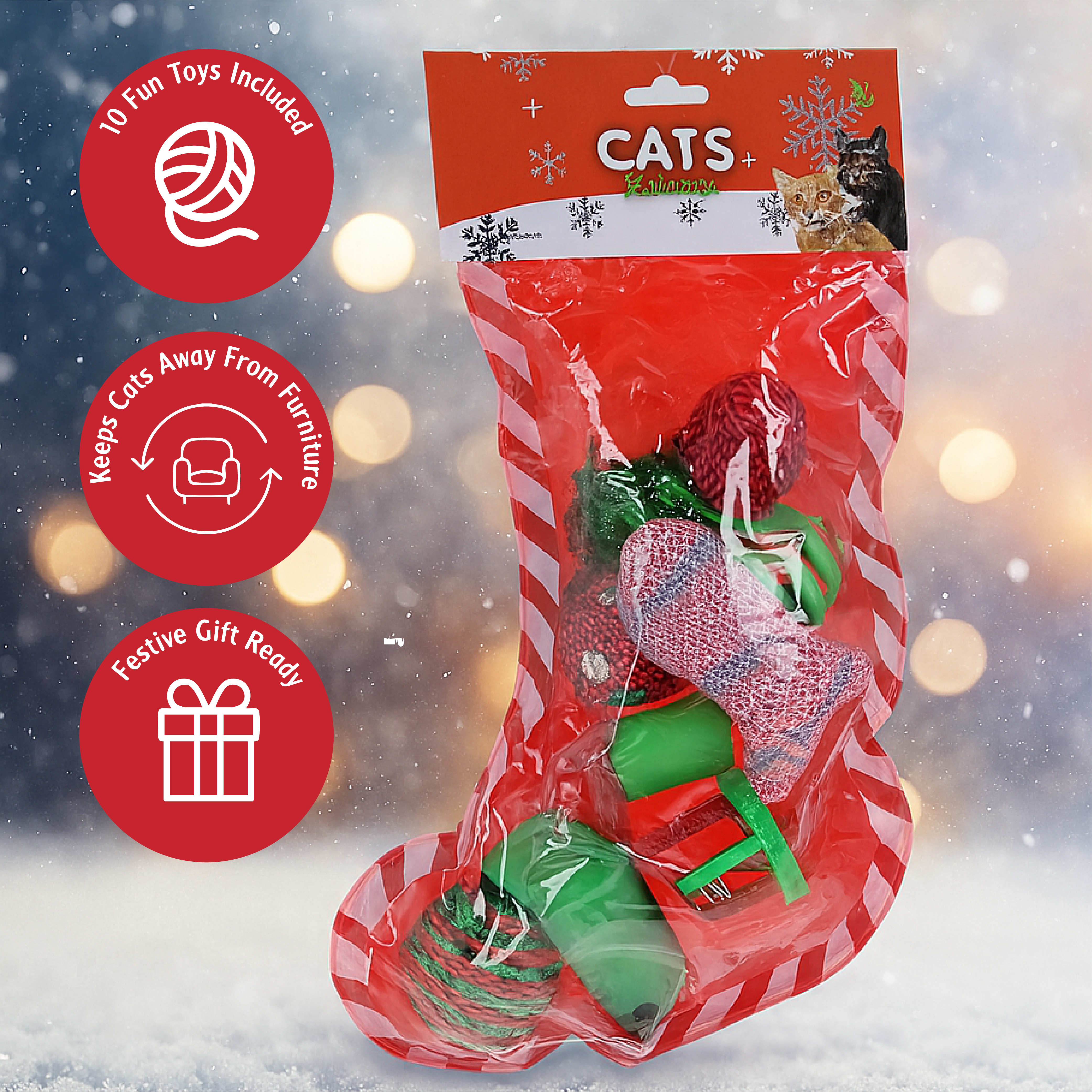 Cat Toys in Christmas Stocking - Set of 10