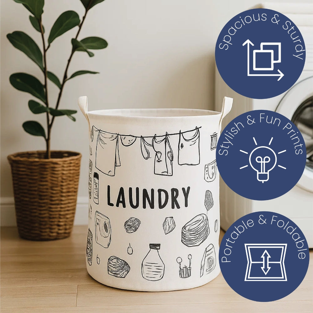 Laundry Basket & Laundry Bag – White Fabric Bag with Black Design Print - 3 Designs