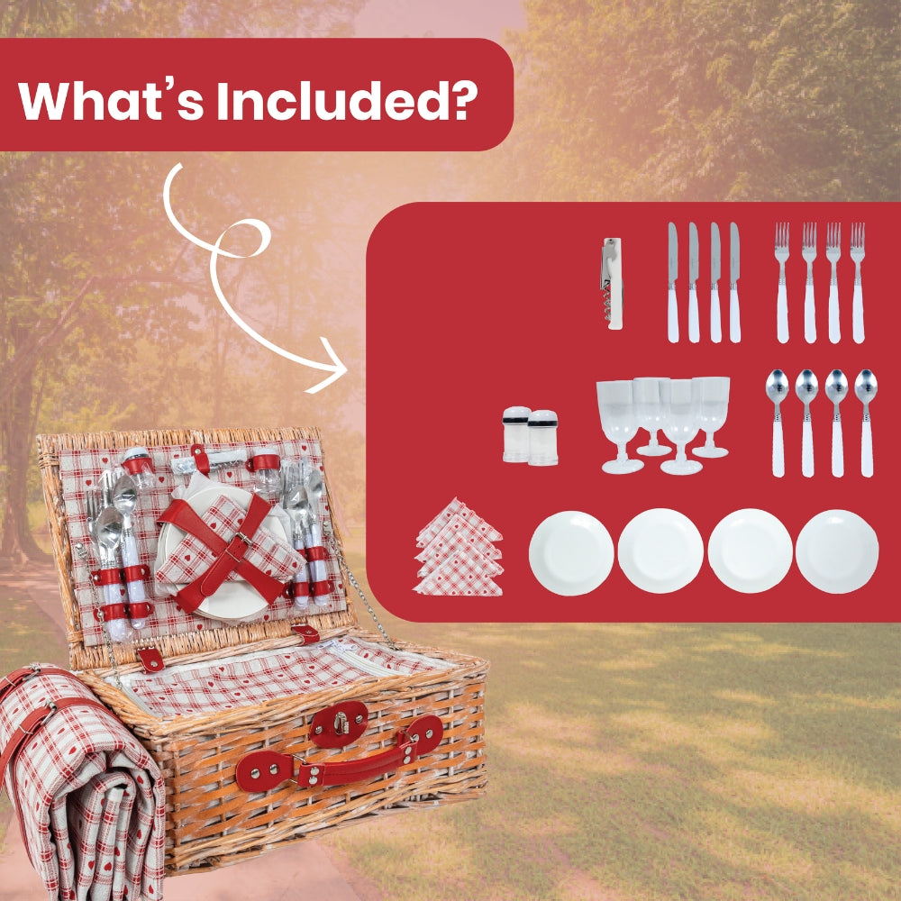 Classic Full Willow Wicker Basket – 4-Person Picnic Set with Blanket - Red Hearts