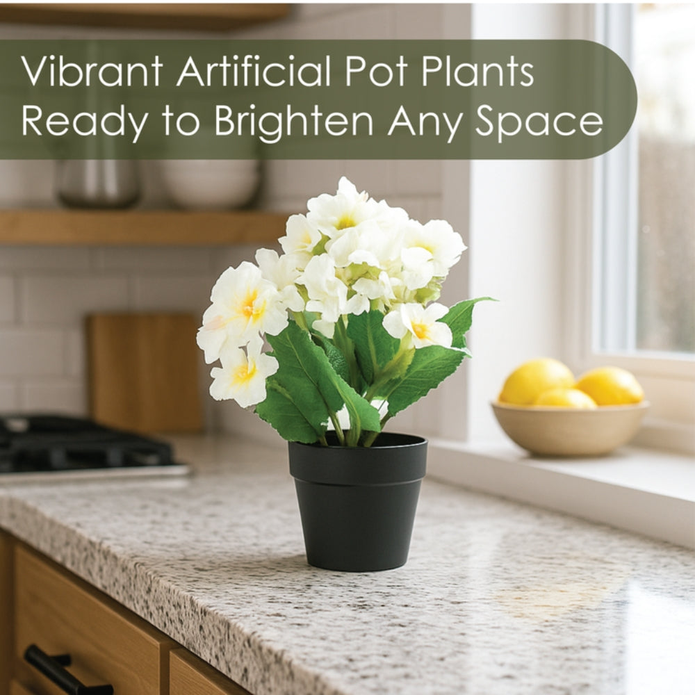 Small Artificial Plant Potted Flowers in Black Pot – 4 Colours