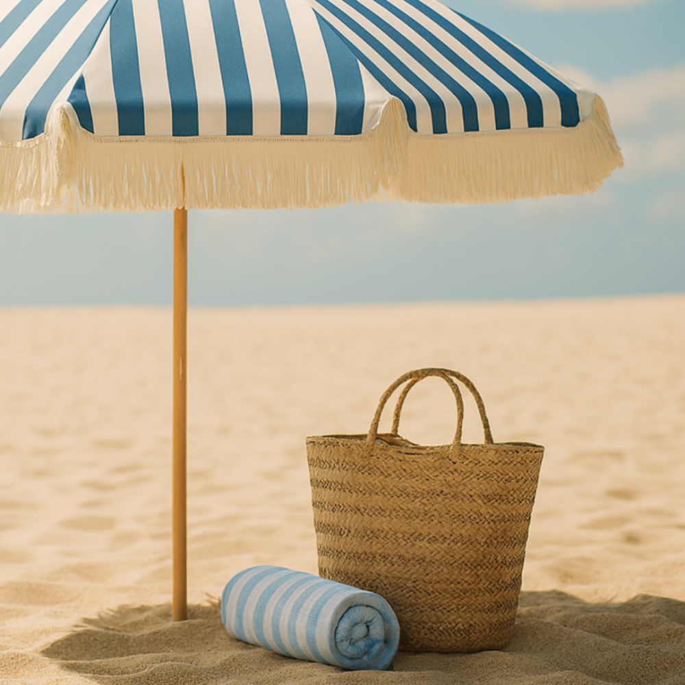 Beach Umbrella – 200cm UV Protection with Blue/White Stripes