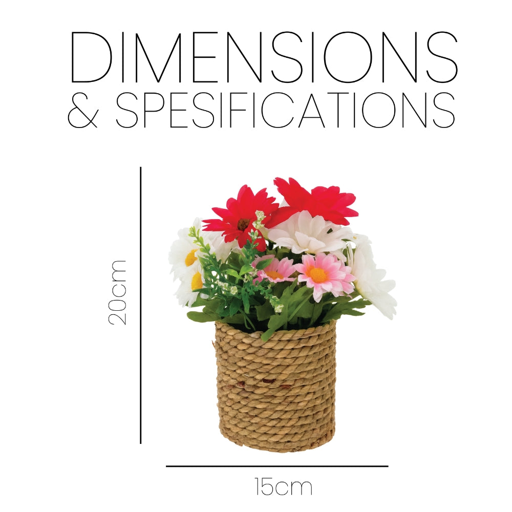 Artificial Flowers in Threaded Rope Basket – 3 Colour Variant Plants