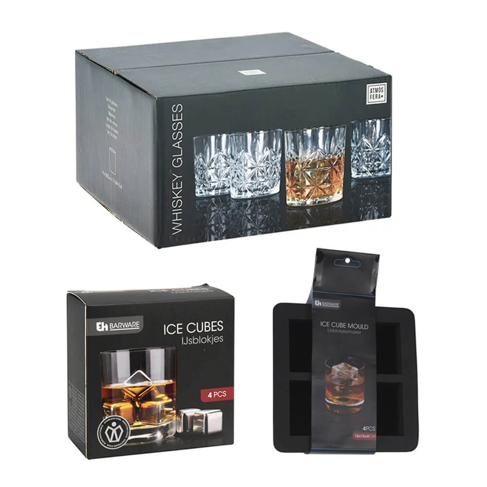 Whiskey Glasses 350ml & Stainless Steel Ice Cubes + Square Ice Tray